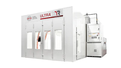 White industrial spray painting booth with GFS Ultra XR equipment