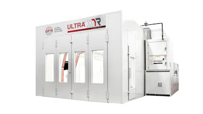White industrial spray painting booth with GFS Ultra XR equipment