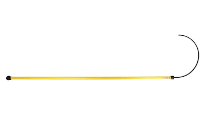 Yellow surveying pole with black curved end against white background