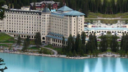 Fairmont Chateau Lake Louise in Banff National Park, with turquoise lake and mountain forest backdrop