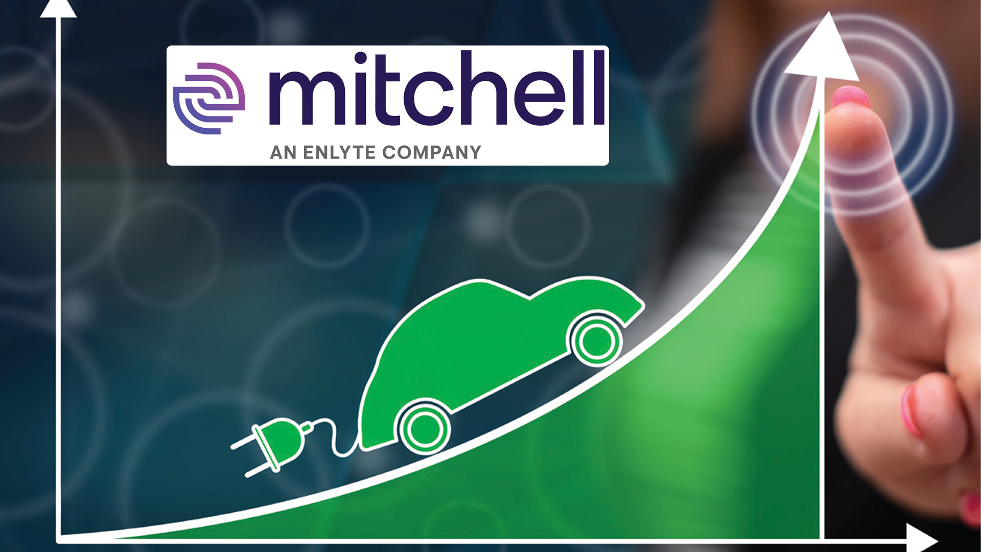 Mitchell Enlyte logo with green electric vehicle growth chart graphic