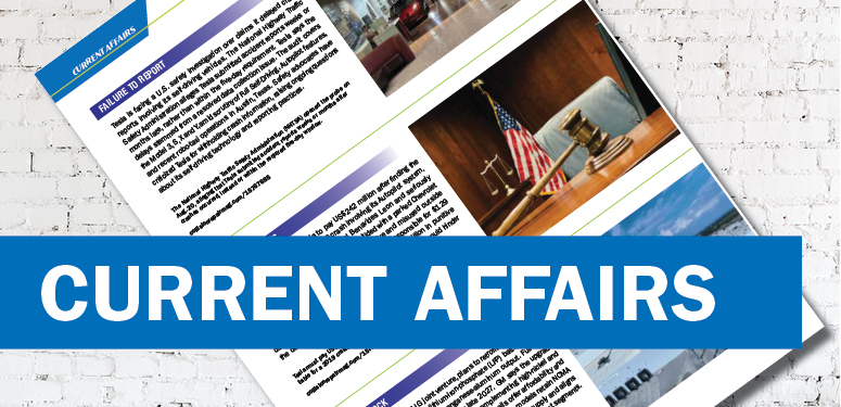 Current Affairs news publication layout with documents and American flag
