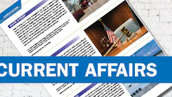 Current Affairs news publication layout with documents and American flag