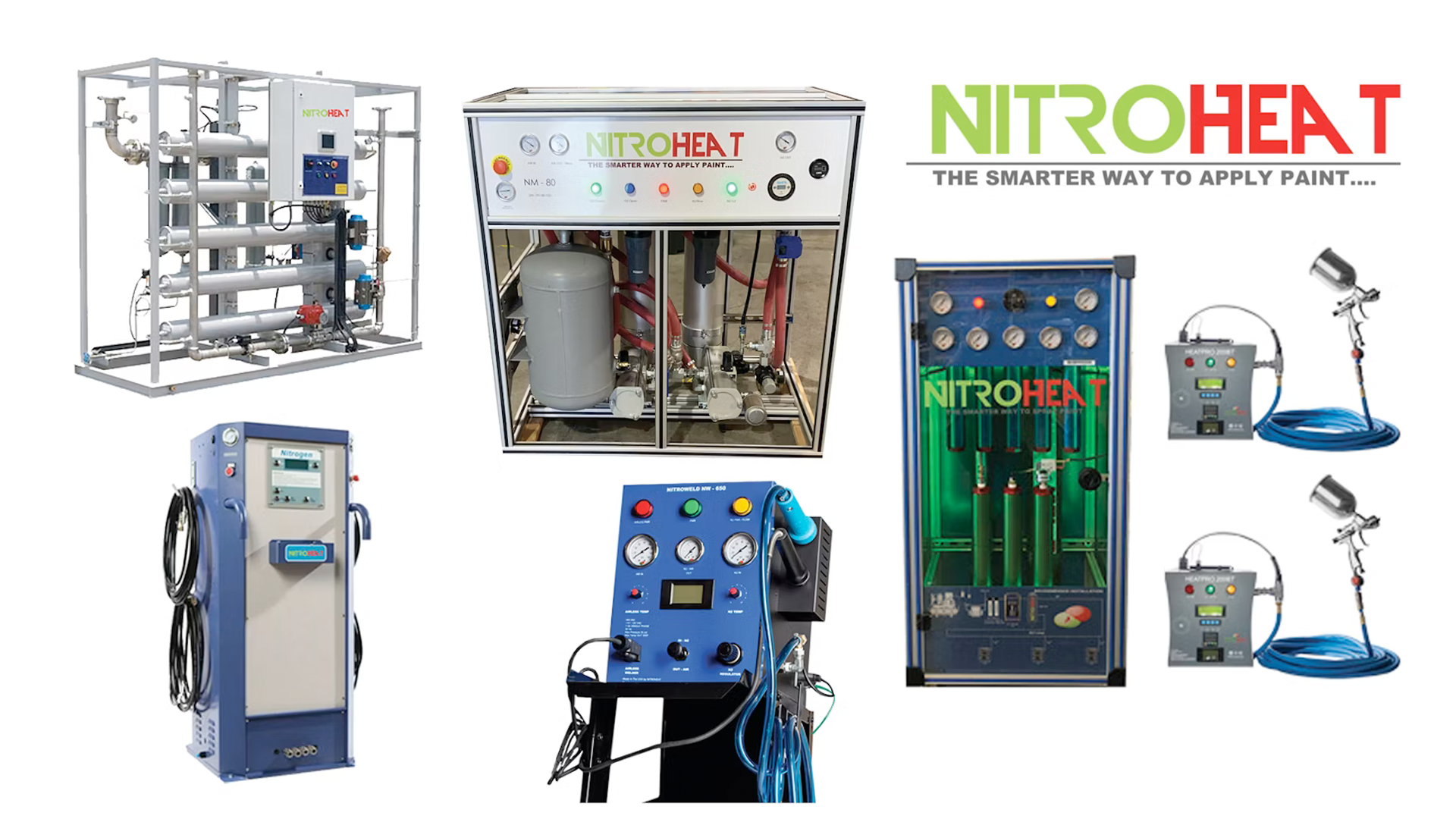 Nitroheat industrial paint application equipment collection with control panels and machinery