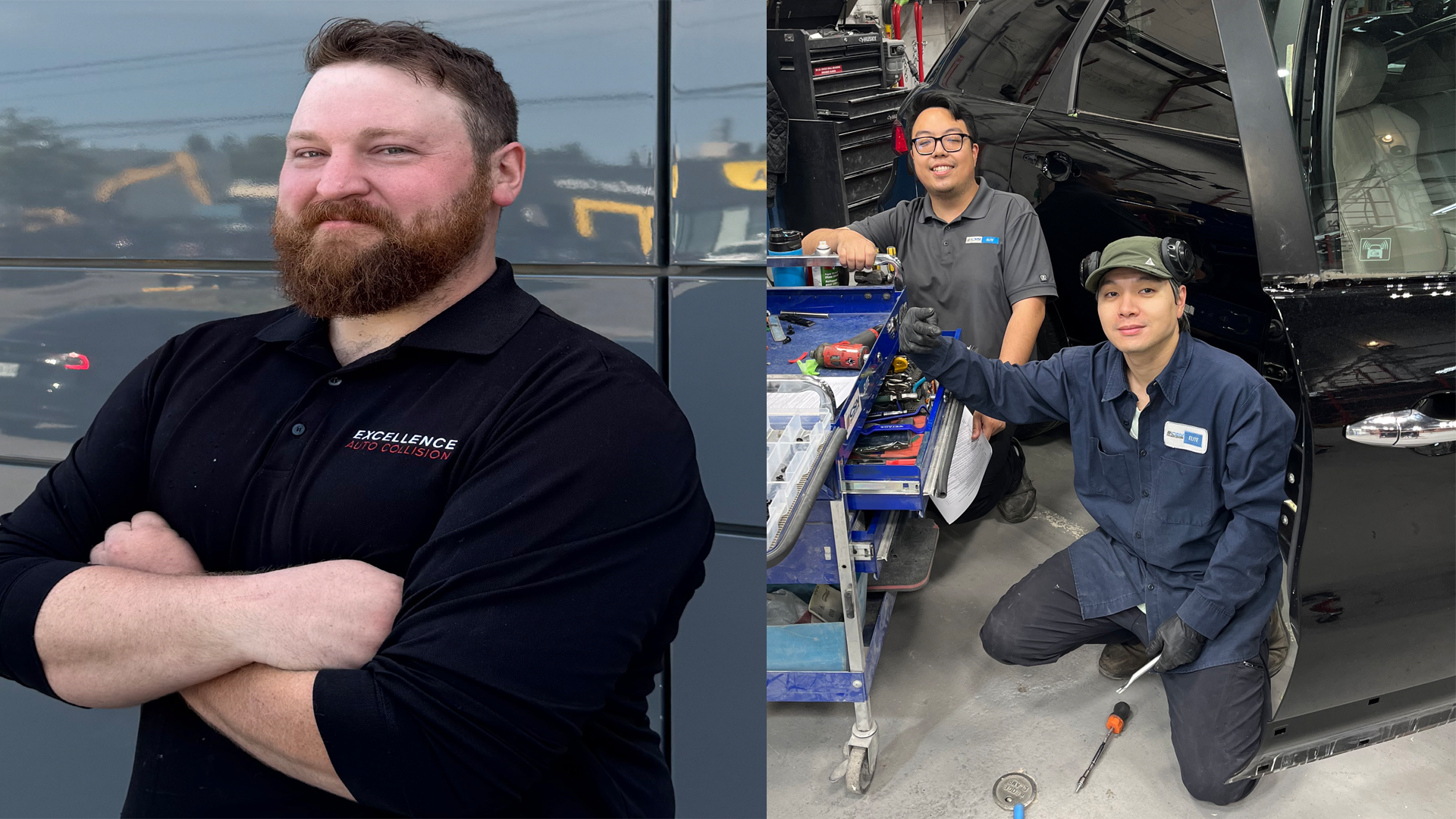 Two automotive technicians working in a car repair shop with service tools