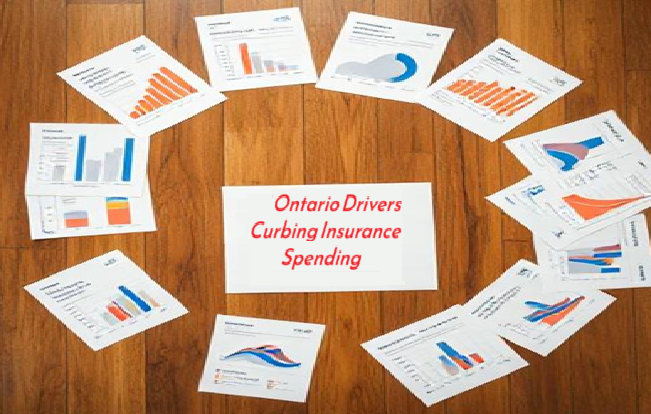 Data analysis charts and graphs about Ontario drivers' insurance spending on wooden background