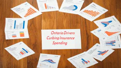 Data analysis charts and graphs about Ontario drivers' insurance spending on wooden background