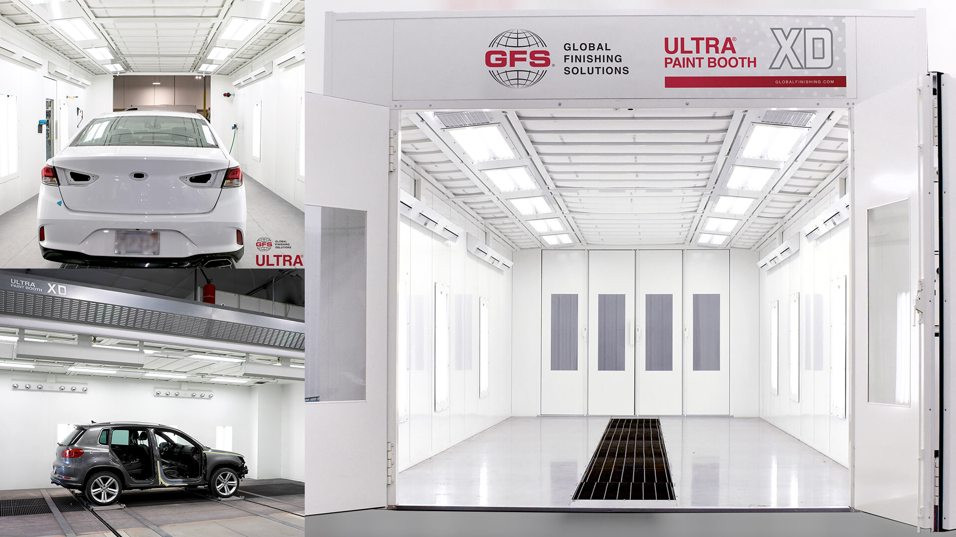 White automotive paint booth interior with vehicles and GFS branding