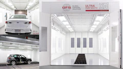 White automotive paint booth interior with vehicles and GFS branding