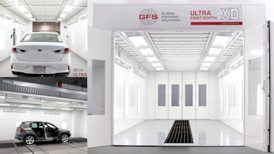 White automotive paint booth interior with vehicles and GFS branding
