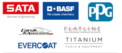 Collection of industrial and manufacturing brand logos including SATA, BASF, PPG