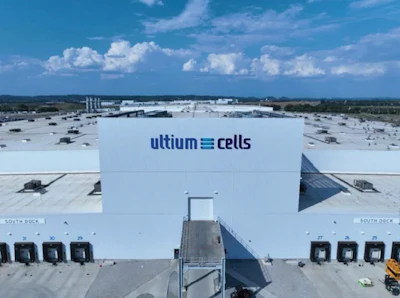 Ultium Cells manufacturing facility with white building and loading docks under blue sky