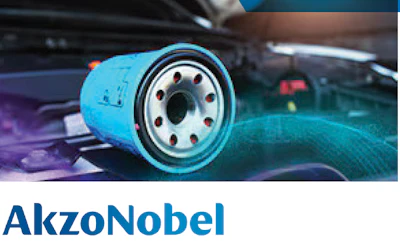 AkzoNobel blue logo with industrial blue oil filter in automotive context