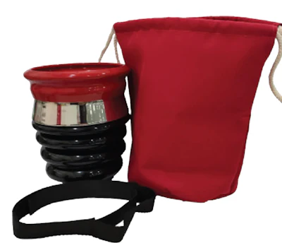 Red insulated drink container with black thermos and carrying strap