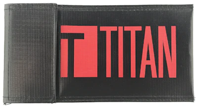 Titan logo in bold red letters against a black textured background