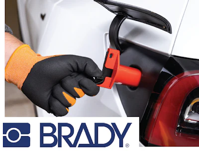 Brady industrial safety glove connecting electrical lockout device to equipment