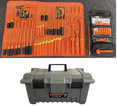 Professional electrical and hand tool set with orange tool roll and gray storage case