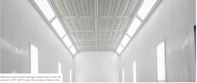 White industrial interior with high ceiling and symmetrical skylight windows