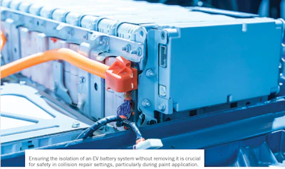 Orange and blue electrical connectors securing an electric vehicle battery system