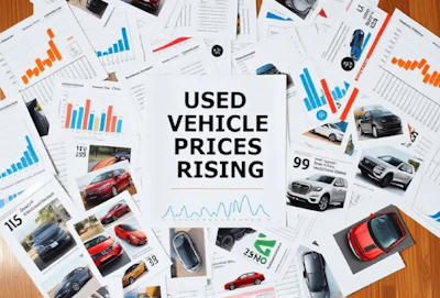 Scattered vehicle photos and charts illustrating rising used car market prices