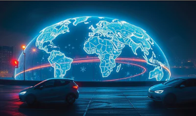 Glowing digital world map with connected vehicles symbolizing global technology