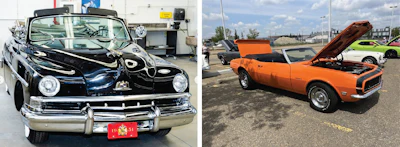 Two vintage classic cars - black and orange muscle cars parked outdoors