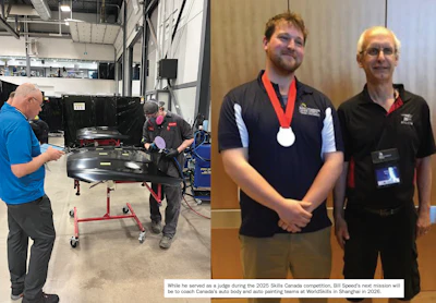 Skills Canada auto body technicians working and competing, with medal winner displayed