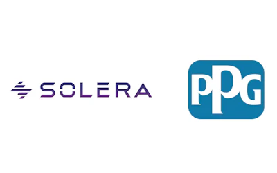 Solera and PPG corporate logos in purple and blue colors