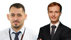 Two professional men in white and black business attire, smiling