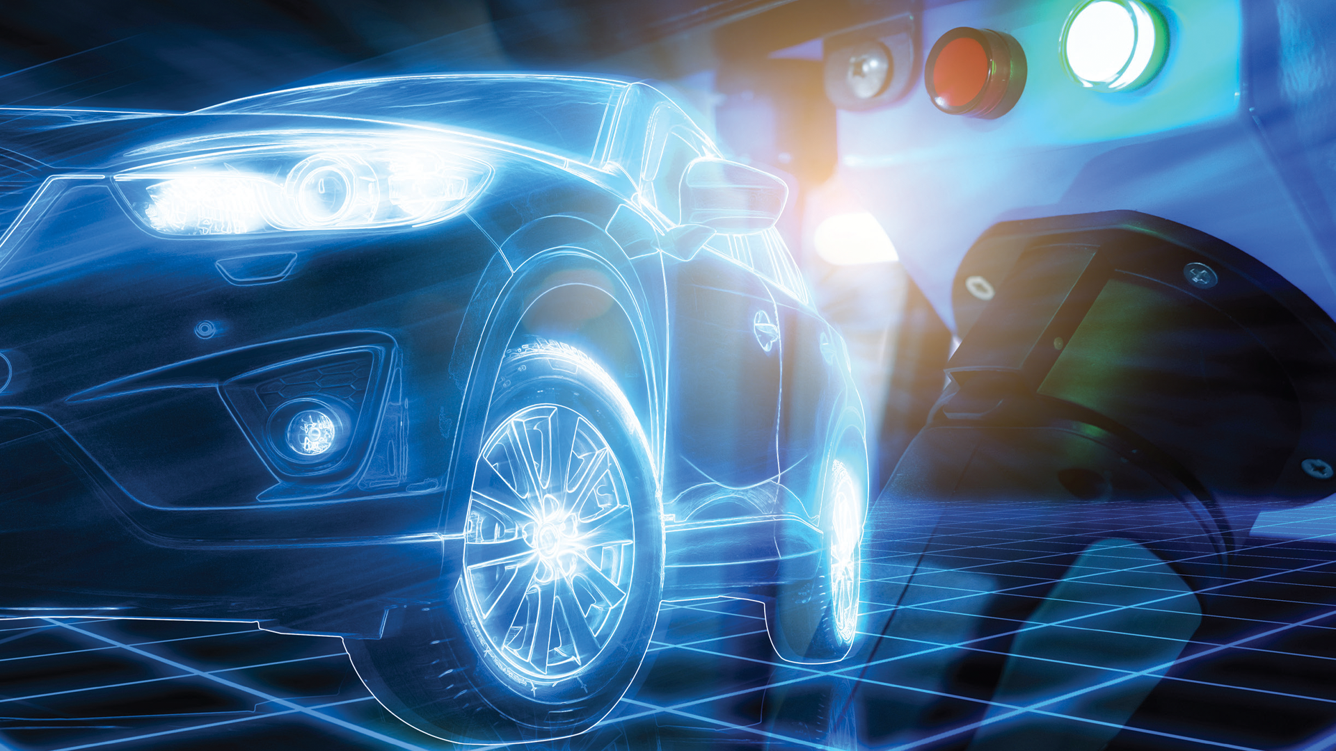 Futuristic blue wireframe car design with glowing digital grid background