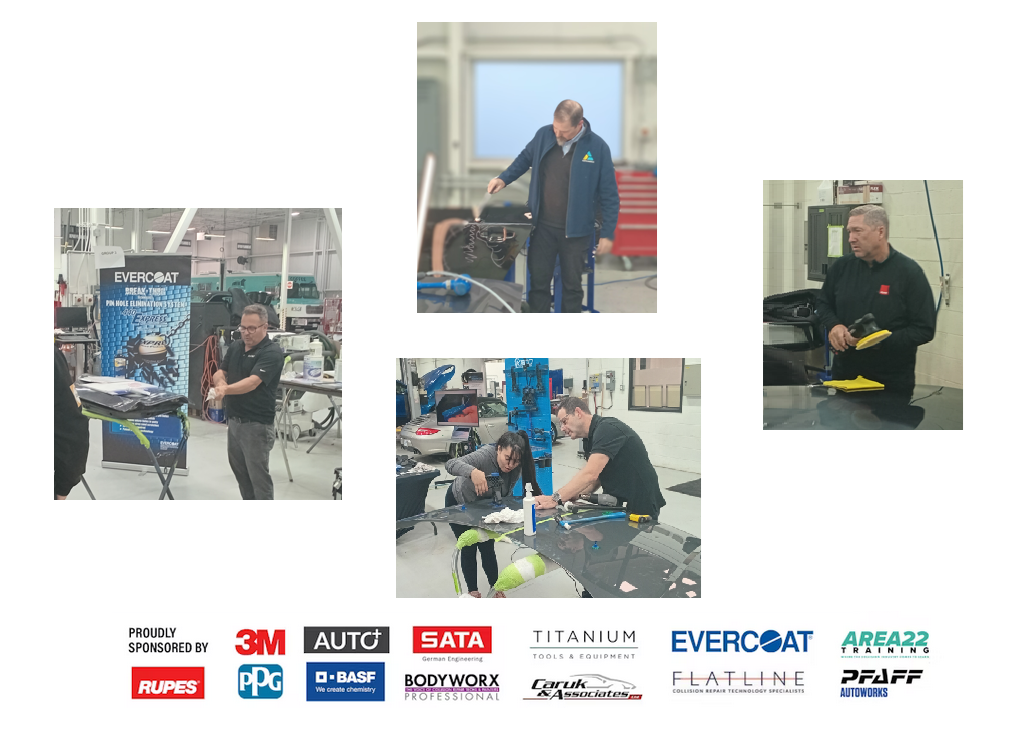 Automotive workshop training session with technicians working on vehicle surfaces