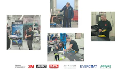 Automotive workshop training session with technicians working on vehicle surfaces