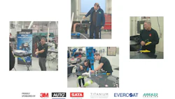 Automotive workshop training session with technicians working on vehicle surfaces