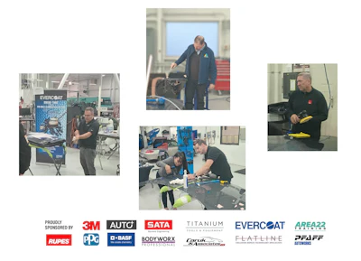 Automotive workshop training session with technicians working on vehicle surfaces