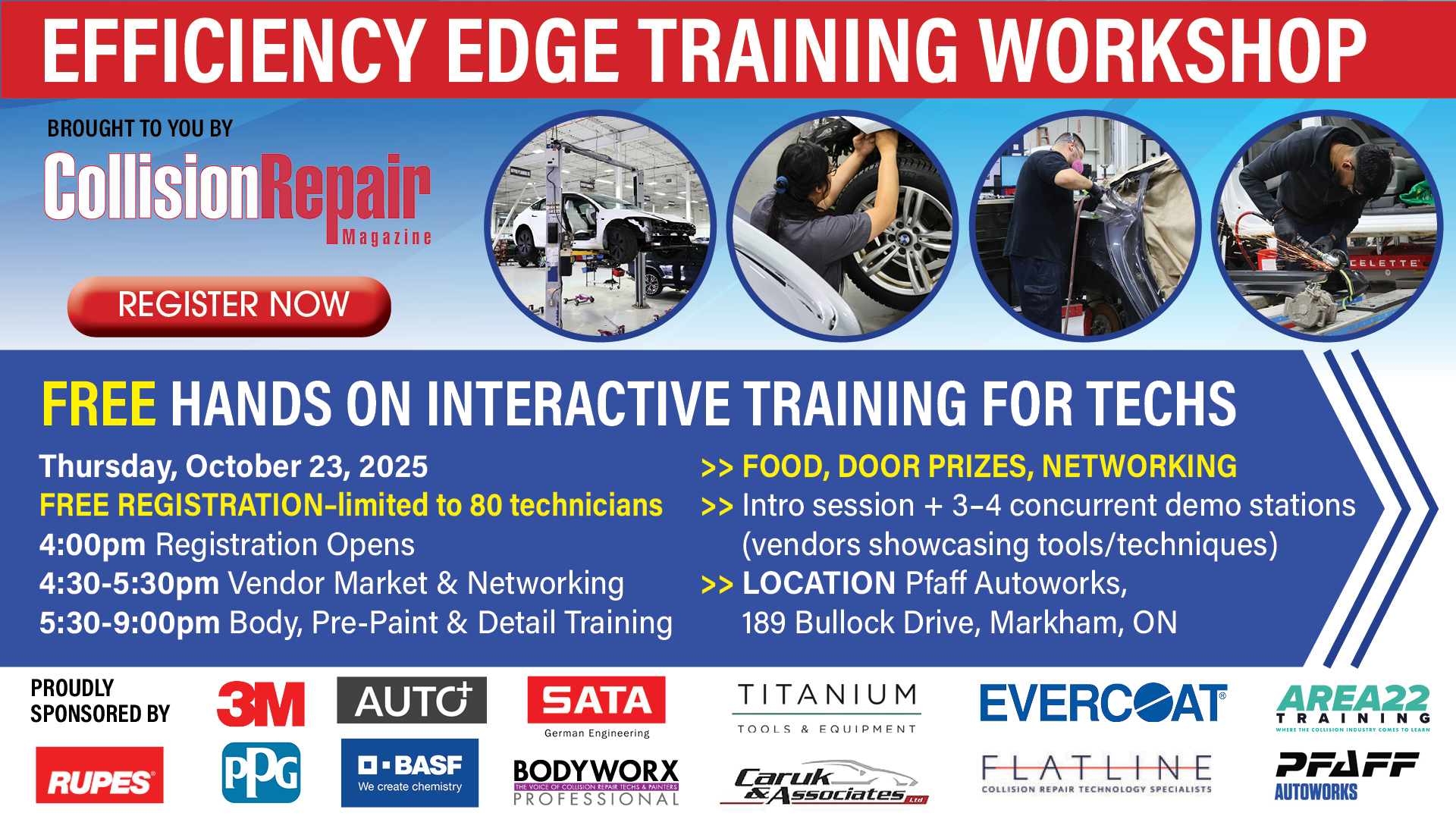 Efficiency Edge Training Workshop flyer advertising free hands-on tech training with registration details and multiple sponsor logos