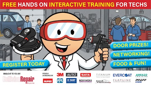 Interactive automotive tech training event poster with cartoon character in safety goggles