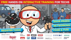 Interactive automotive tech training event poster with cartoon character in safety goggles
