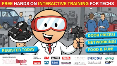 Interactive automotive tech training event poster with cartoon character in safety goggles