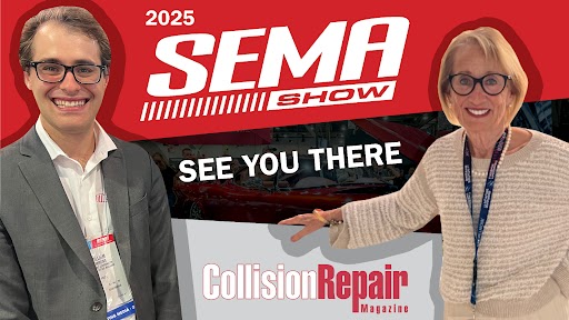 2025 SEMA Show promotional poster with two professionals at automotive collision repair event