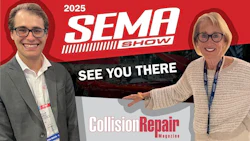 2025 SEMA Show promotional poster with two professionals at automotive collision repair event