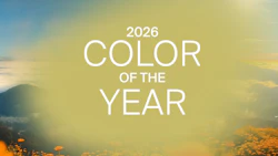 2026 Color of the Year graphic with soft landscape and flower-filled background