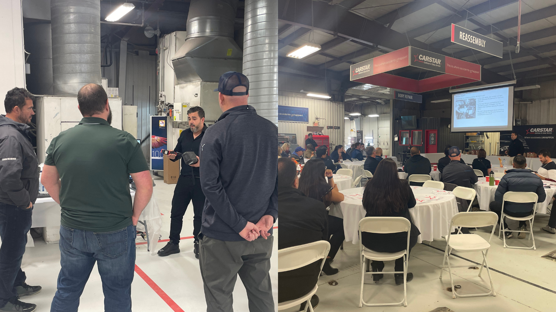 Training session in industrial workshop with attendees seated and presentation screen