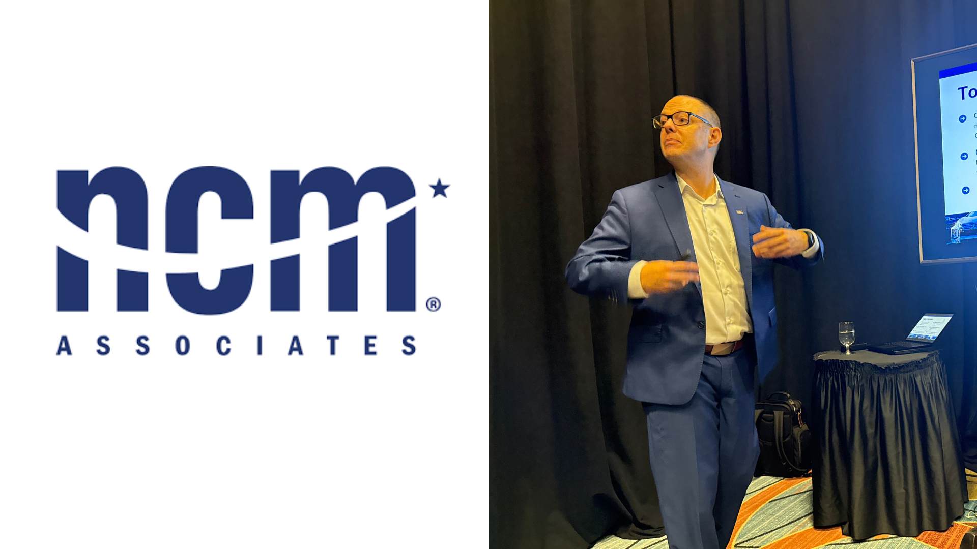 NCM Associates blue and white corporate logo with star symbol