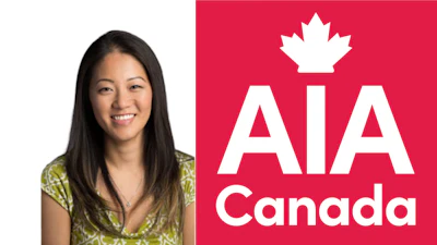 AIA Canada logo with white maple leaf and text on vibrant red background