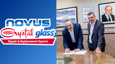 Novus Crystal Glass logo with two business professionals signing documents