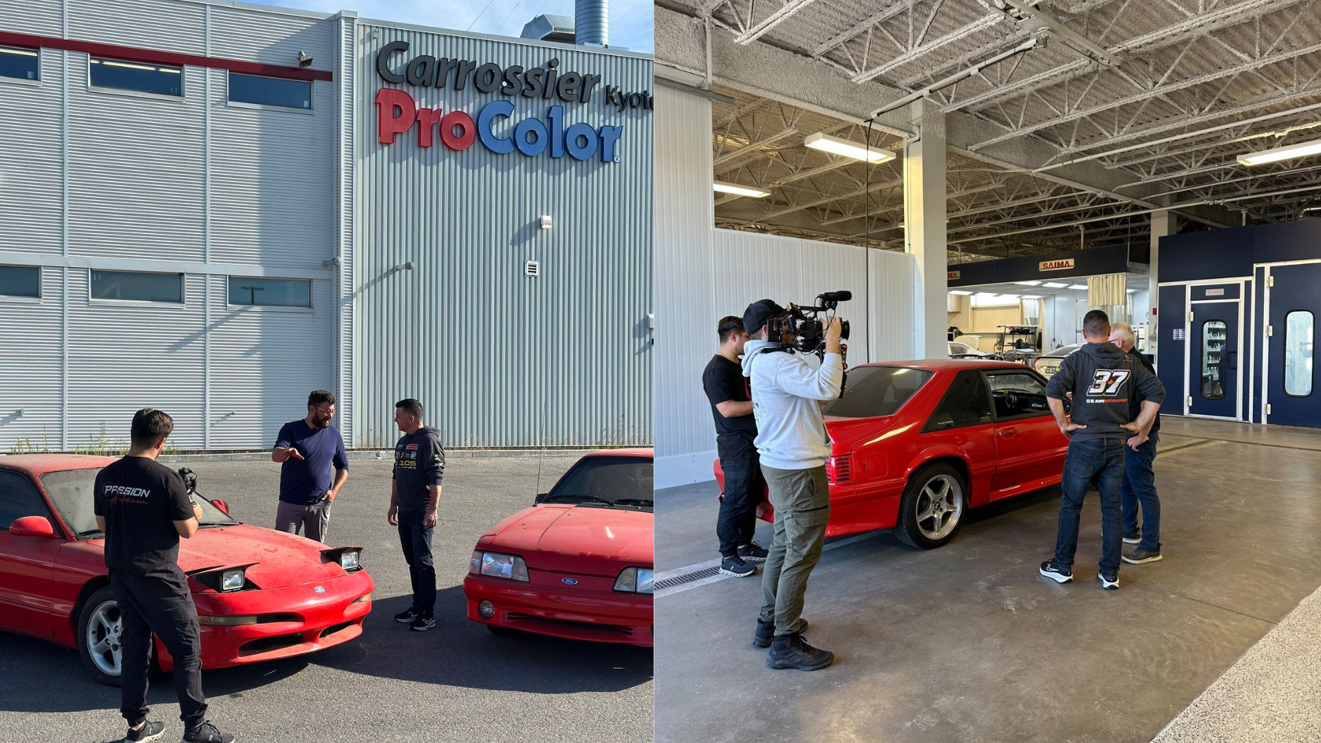 Red sports car inside auto body shop with camera crew and technicians