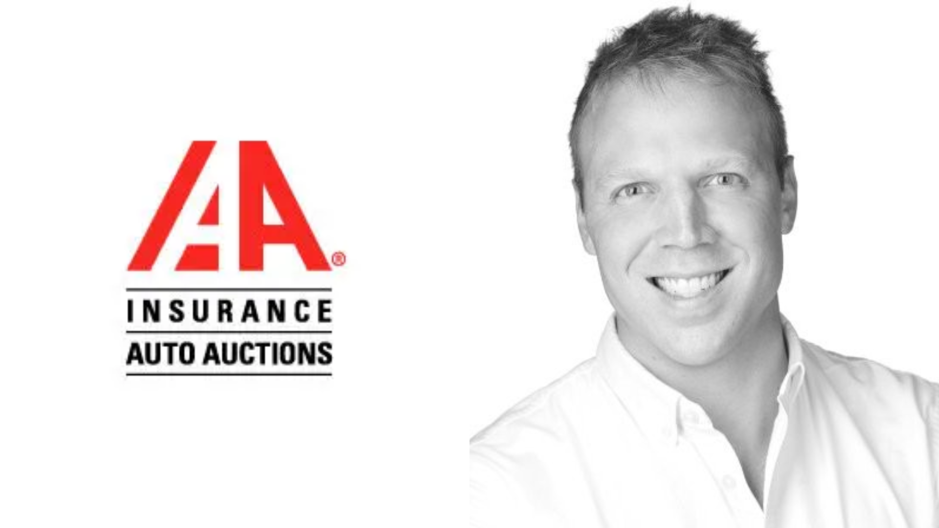 IAA Insurance Auto Auctions corporate logo with smiling professional in white shirt