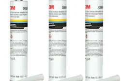 Three 3M white industrial adhesive or sealant cartridges with white applicator tips
