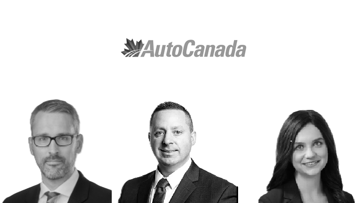 AutoCanada corporate logo with three professional headshots in black and white