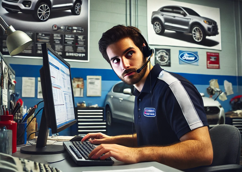 Automotive service representative working at computer with car models in background